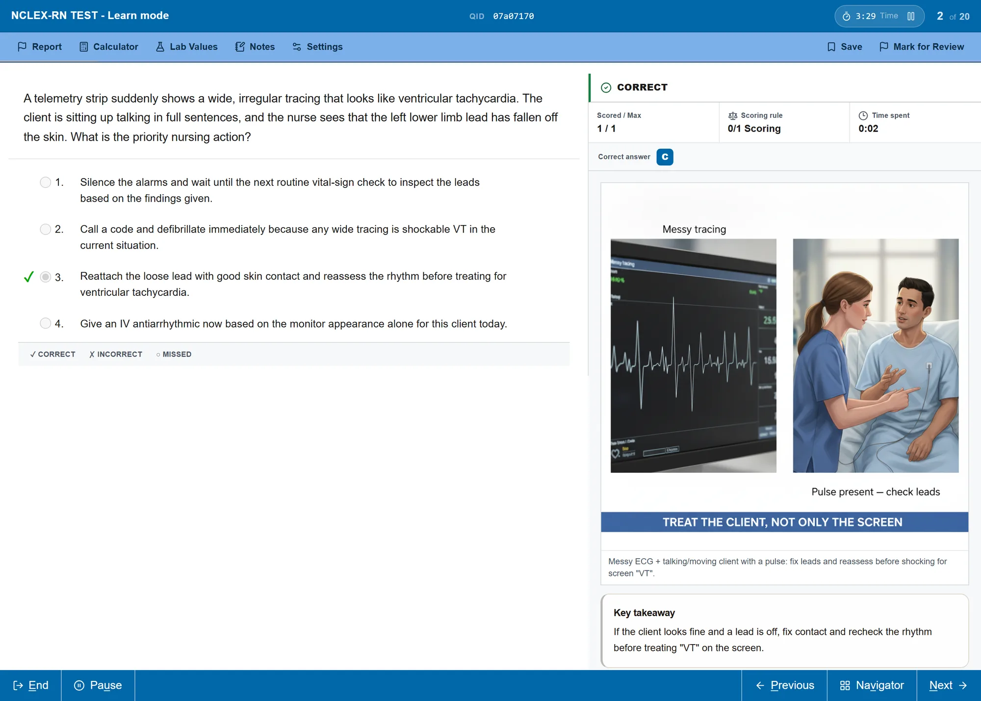 The exam-style player after a correctly answered telemetry question, with the score, the correct answer, and a figure pairing a messy ECG tracing with a talking client captioned 'treat the client, not only the screen'.