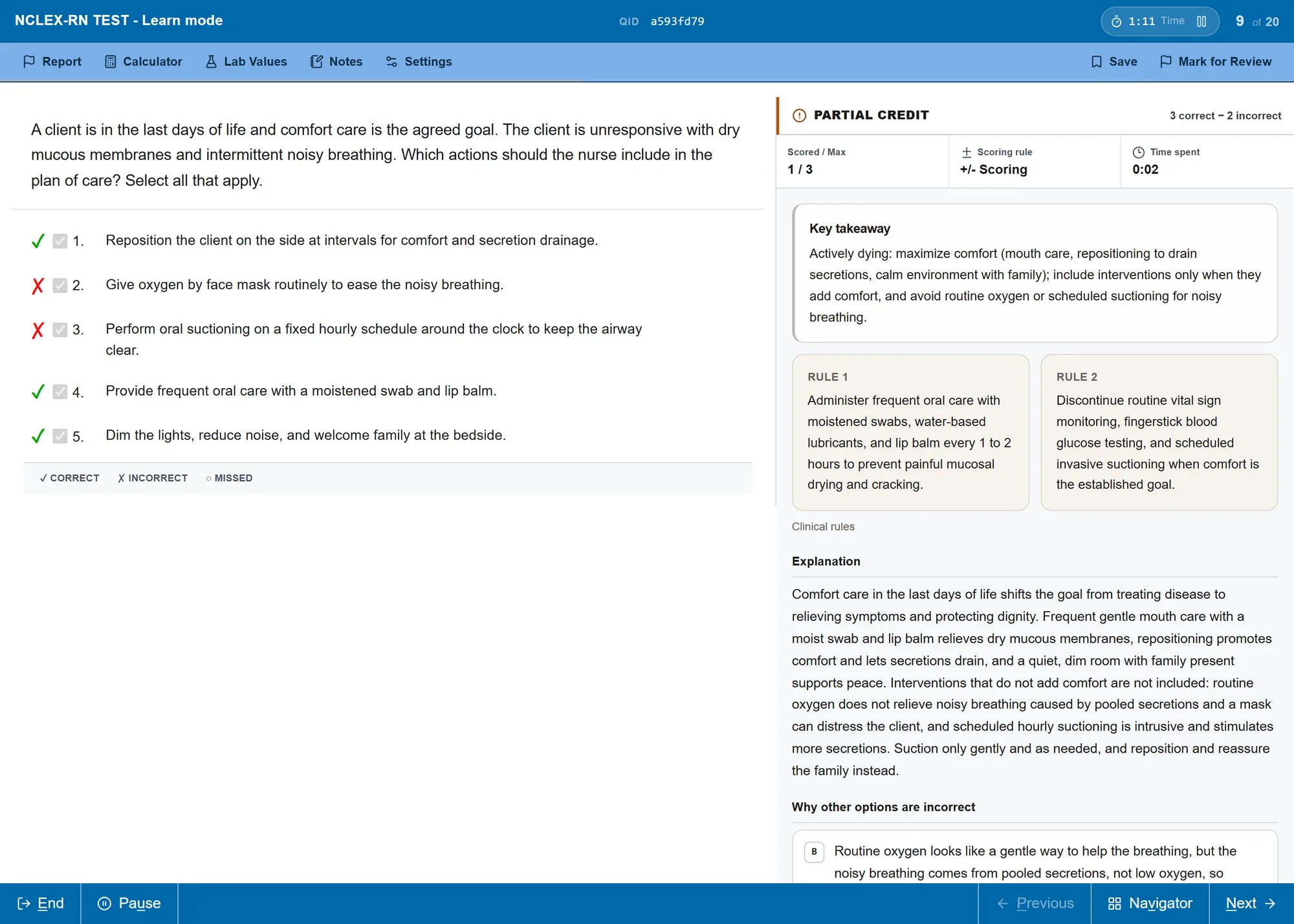 The exam-style player after a select-all-that-apply question scored with partial credit: 1 of 3 under +/- scoring, each option marked correct or incorrect, with a key takeaway and two clinical rules.
