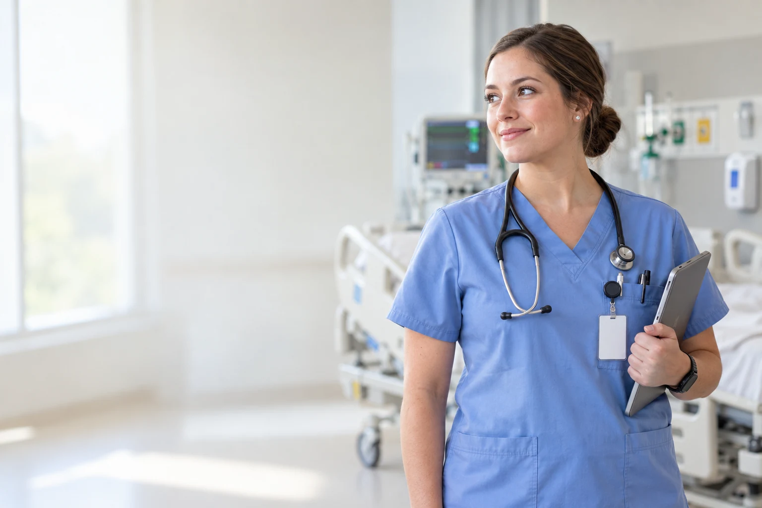 A newly graduated nurse in ceil-blue scrubs with a stethoscope and tablet in a hospital simulation lab