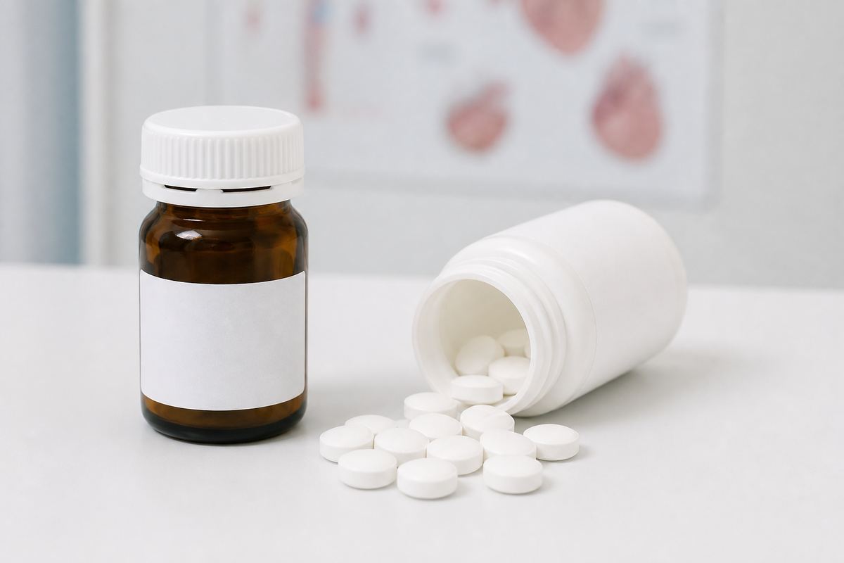 Small amber sublingual tablet bottle beside white aspirin-style tablets on a clean clinical surface.