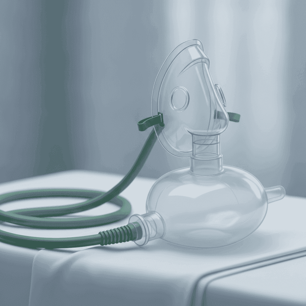 Adult non-rebreather oxygen mask with reservoir bag and tubing on white linen.