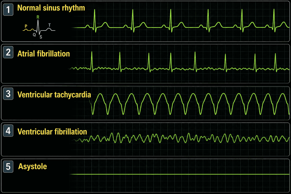 Five labeled ECG teaching panels: normal sinus rhythm, atrial fibrillation, ventricular tachycardia, ventricular fibrillation, and asystole.