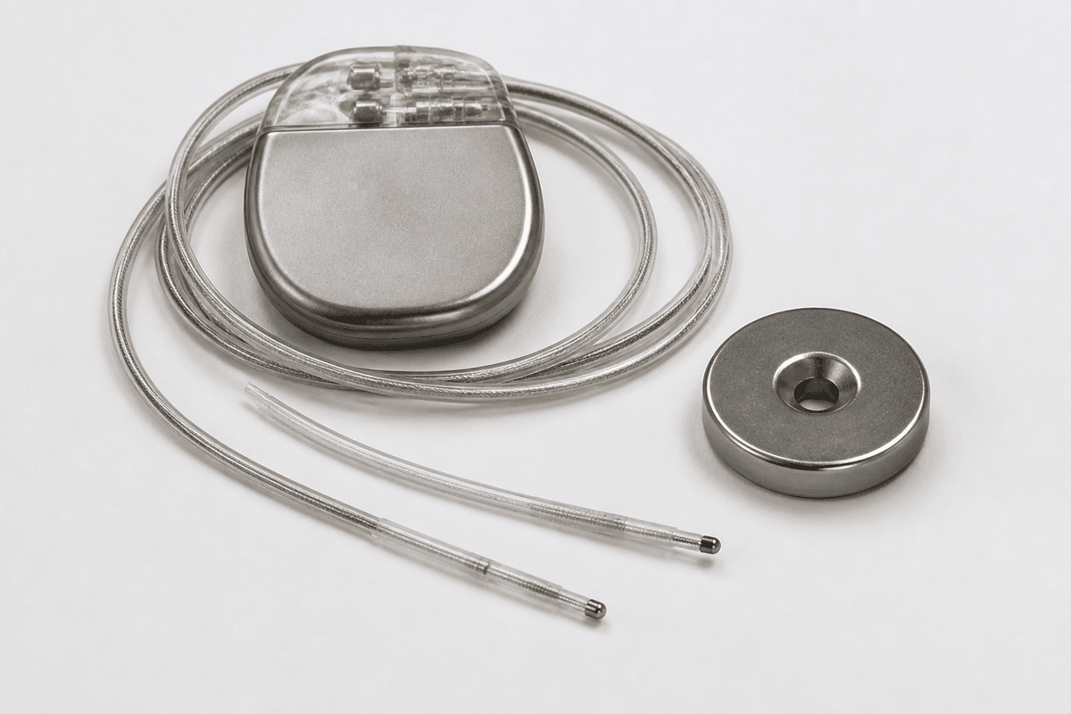 Implantable pacemaker pulse generator with pacing leads coiled beside it.