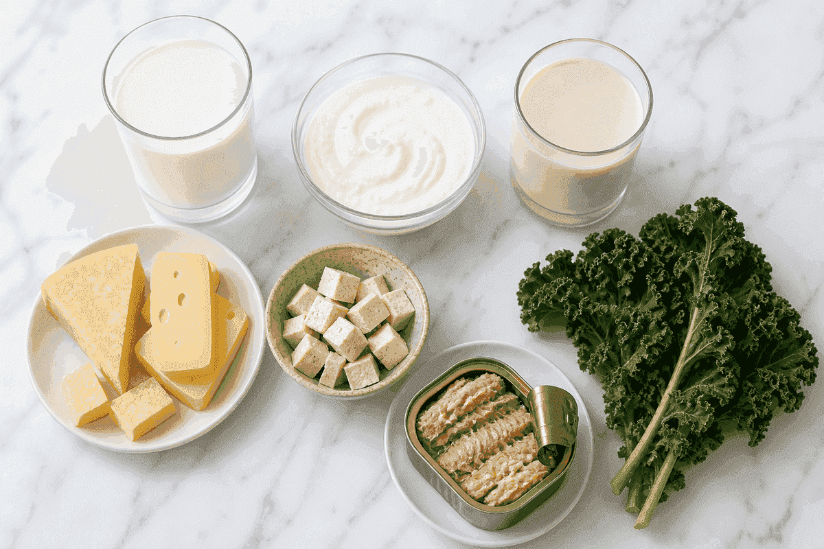 Original photo of calcium-rich foods: milk, yogurt, cheese, fortified plant milk, tofu, canned salmon with bones, and kale.
