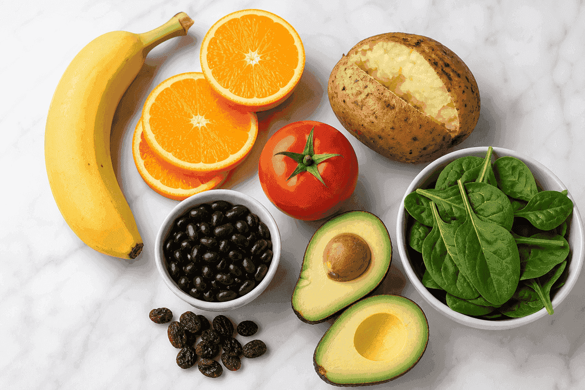 Original photo of potassium-rich foods: banana, orange, potato with skin, tomato, avocado, spinach, beans, and dried fruit.