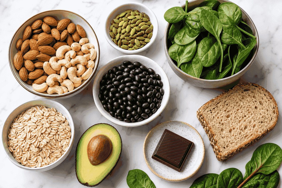 Original photo of magnesium-rich foods: almonds, cashews, pumpkin seeds, whole grains, beans, leafy greens, avocado, and dark chocolate.