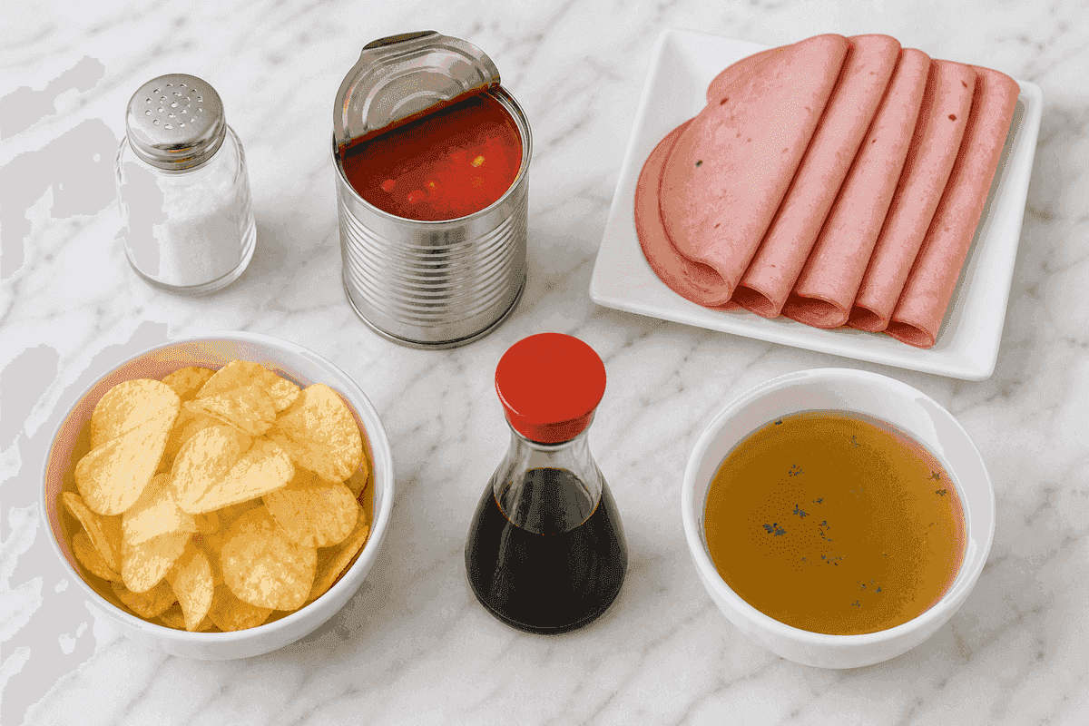 Original photo of high-sodium foods to limit: salt, canned soup, processed meat, chips, soy sauce, and broth.