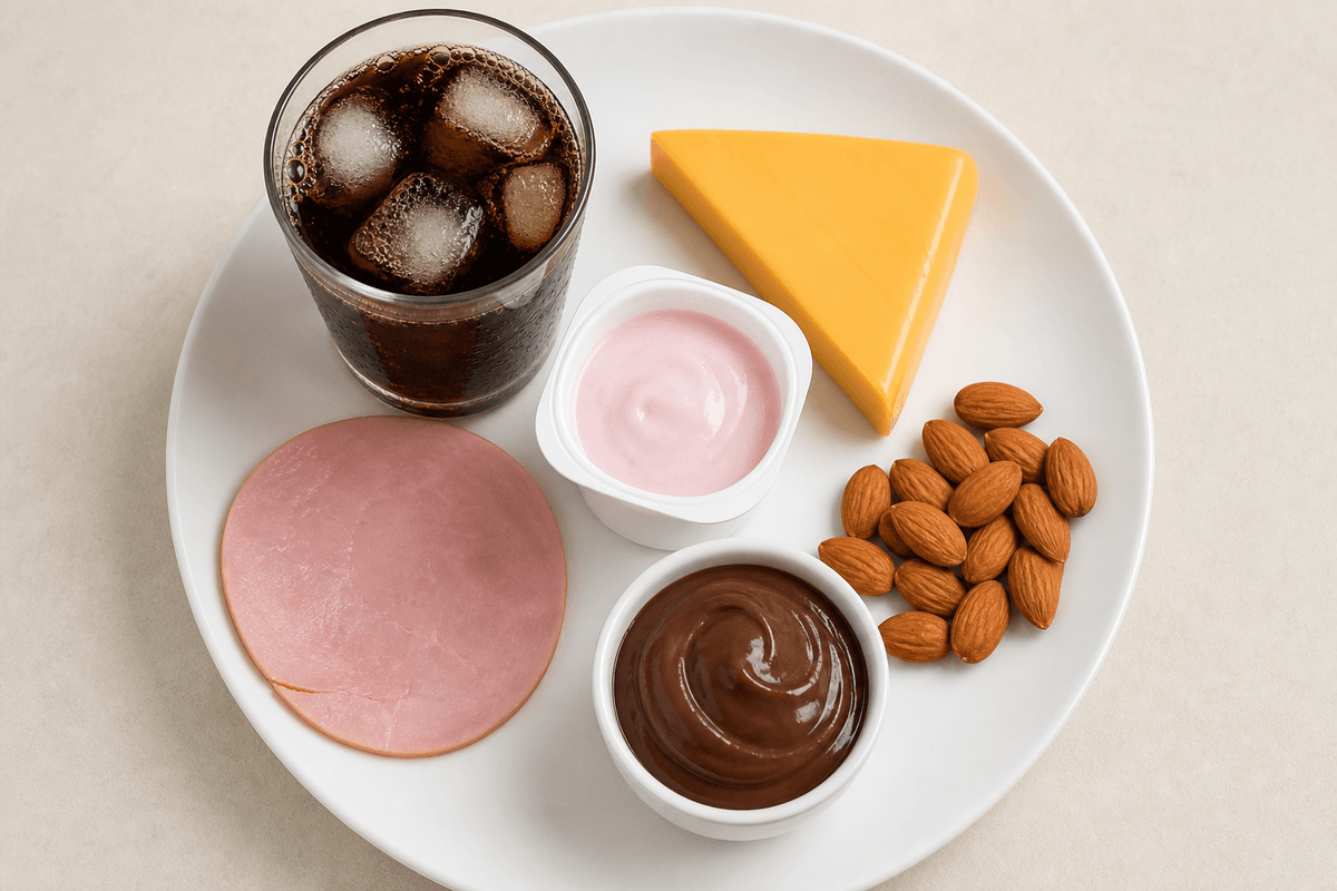 Original photo of high-phosphate foods to limit in CKD teaching: cola, processed cheese, yogurt, nuts, deli meat, and pudding.