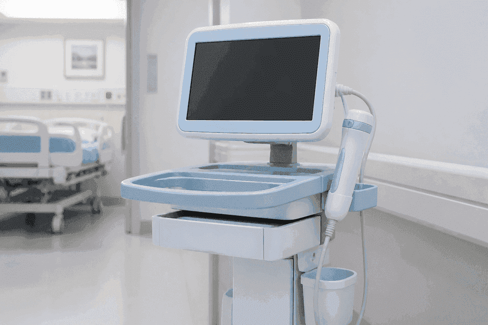 Bladder scanner on a cart with blank screen.