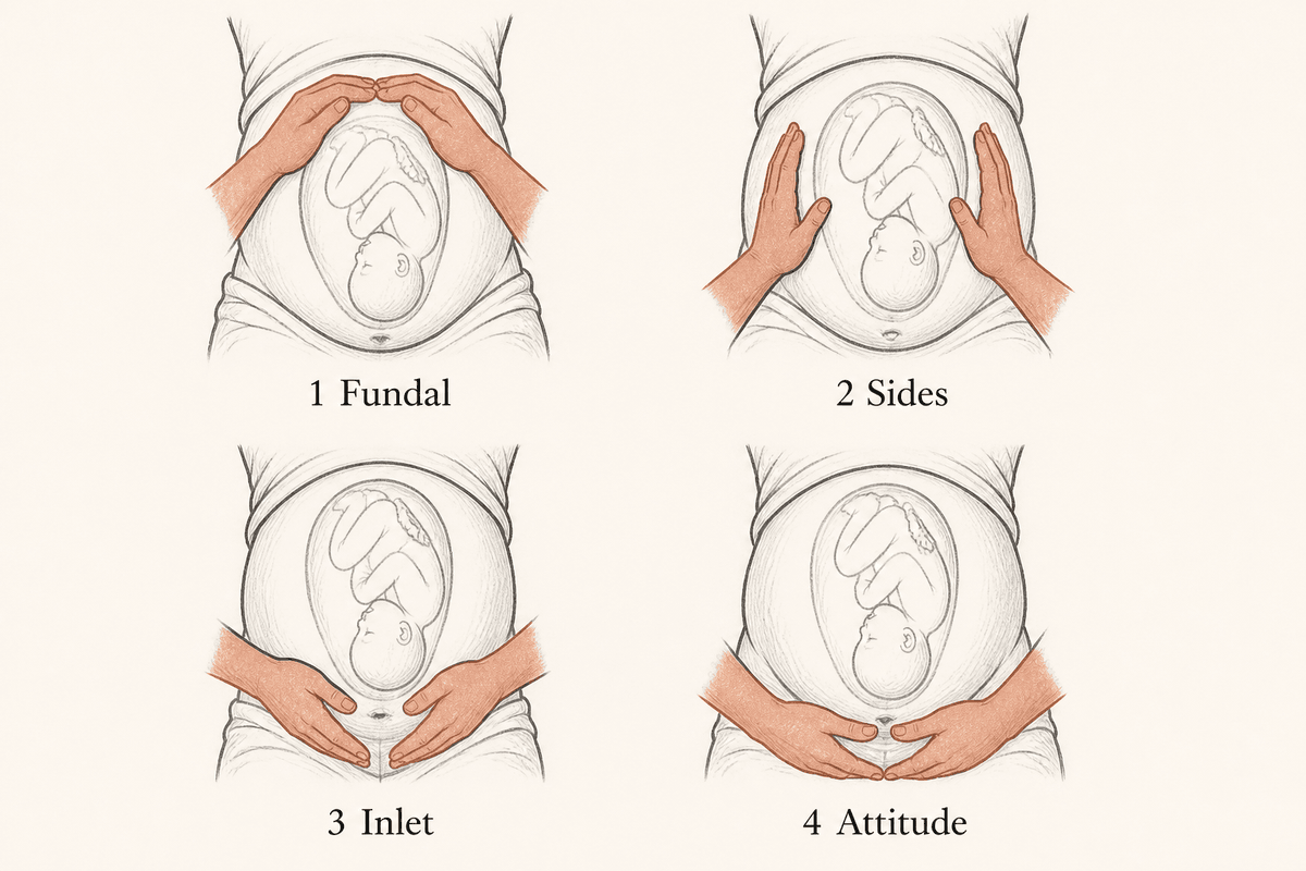 Four-panel labeled diagram of Leopold maneuvers: fundal grip, side grips, inlet grip, and attitude at the brim.