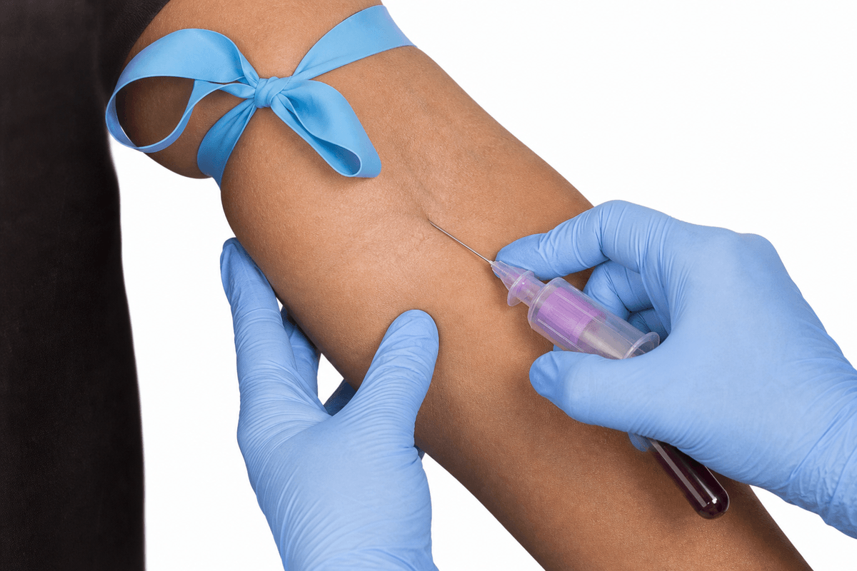 Gloved hands performing a peripheral antecubital venipuncture into a vacuum tube with a tourniquet on the forearm.