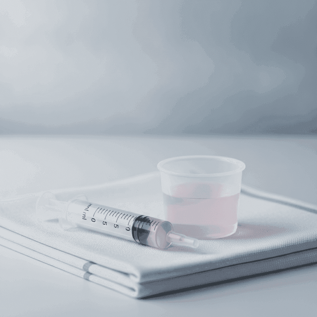 Oral medication syringe and unmarked medicine cup on white linen.