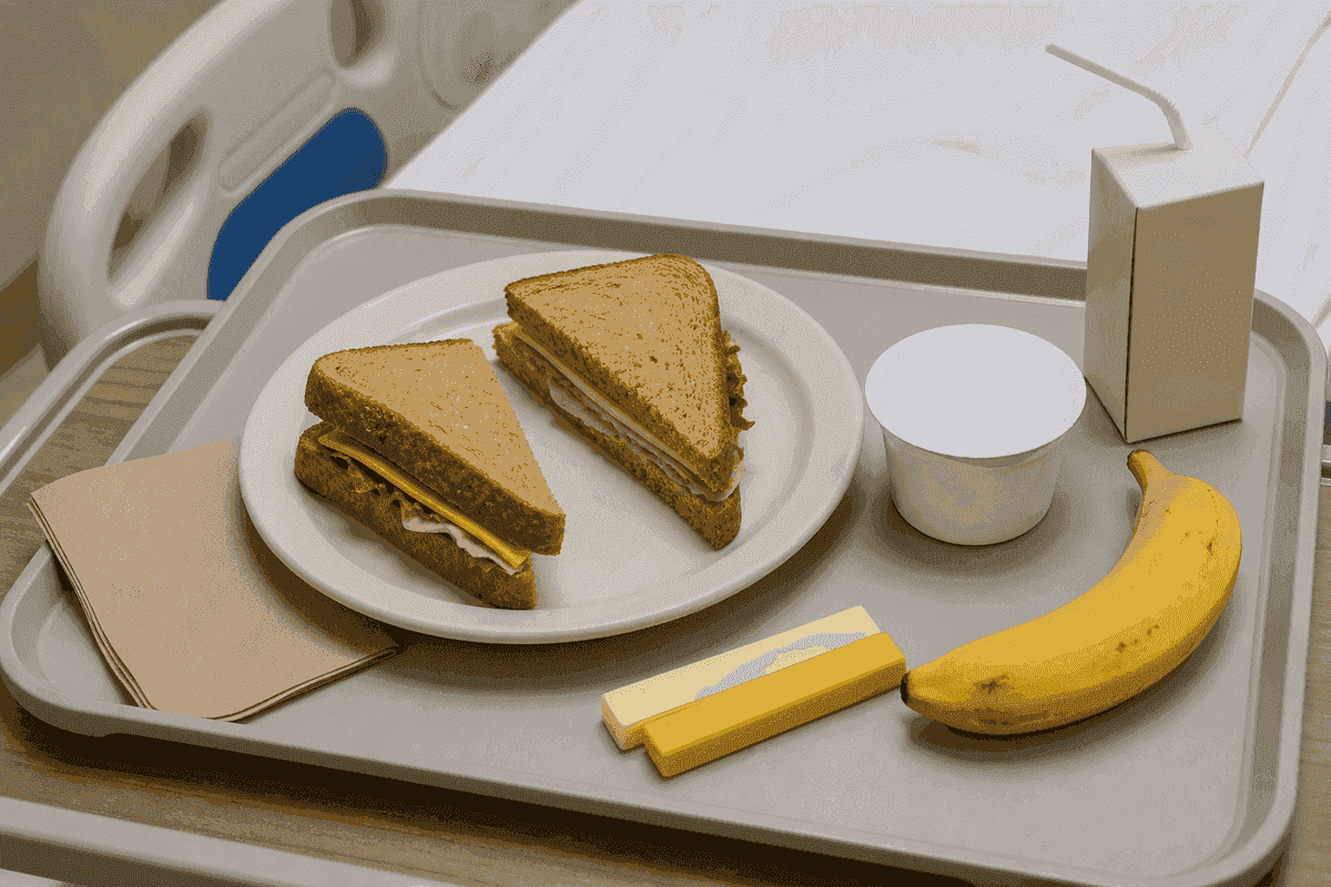 Meal tray with sandwich halves, cheese, yogurt, banana, and juice suitable as finger foods.