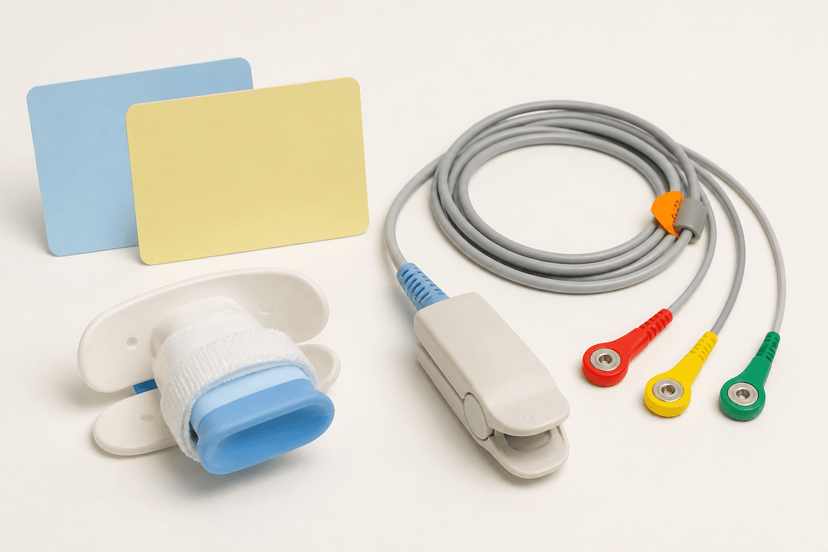 ECT teaching objects: oral bite block with strap, pulse oximeter clip, and ECG lead wires.