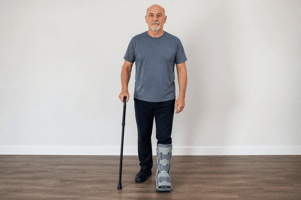 Older adult with a walking boot on the left (weaker) foot holding a cane in the right (stronger) hand, cane and booted foot advancing together.