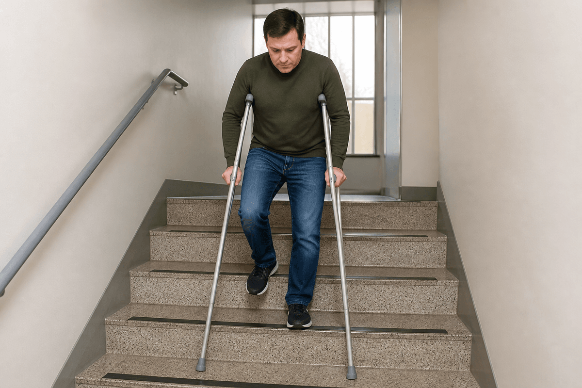 Adult climbing stairs on crutches with the strong foot already on the higher step while crutches remain on the lower step.