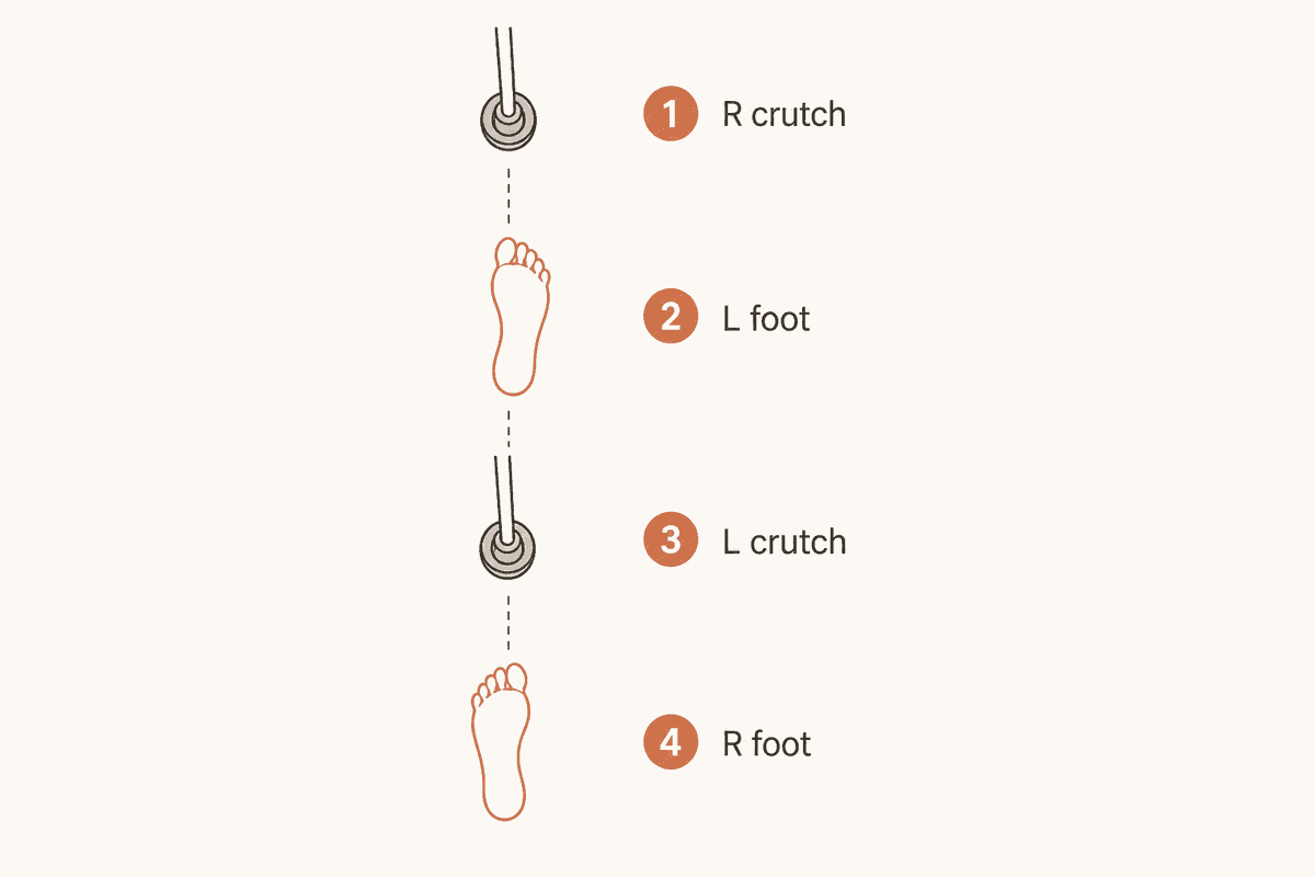 Top-down teaching diagram of a three-point crutch gait: both crutch tips and the weaker foot as one moving set, then the strong foot.
