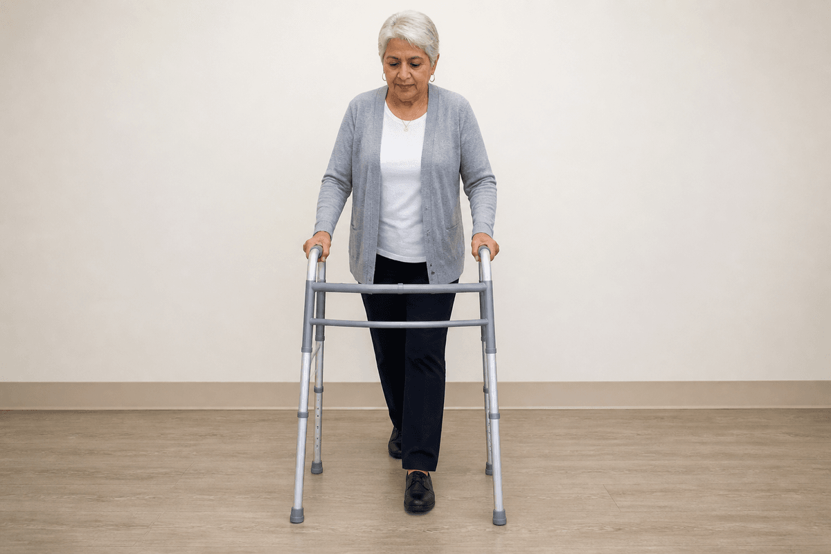 Older adult standing inside a pickup walker with all four rubber tips planted, stepping into the frame.