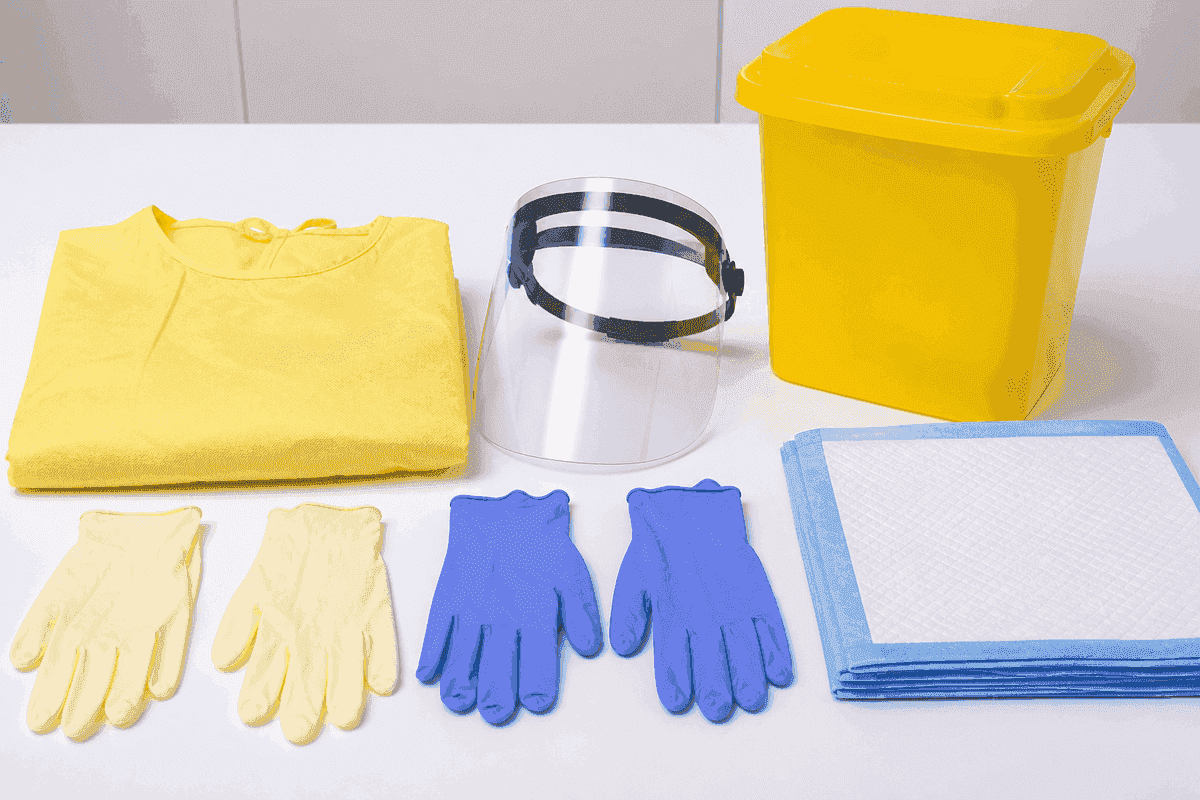Yellow chemo gown, face shield, chemo gloves, absorbent pads, and yellow hazardous waste container on a clean table.