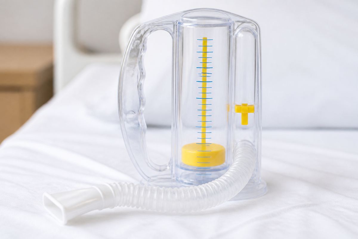 Clear plastic incentive spirometer with yellow piston, coach indicator, tubing, and mouthpiece on white linen.