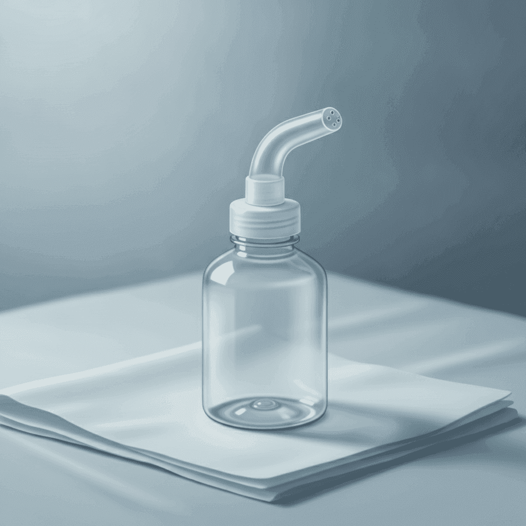 Clear plastic peri bottle for postpartum perineal cleansing on white linen.