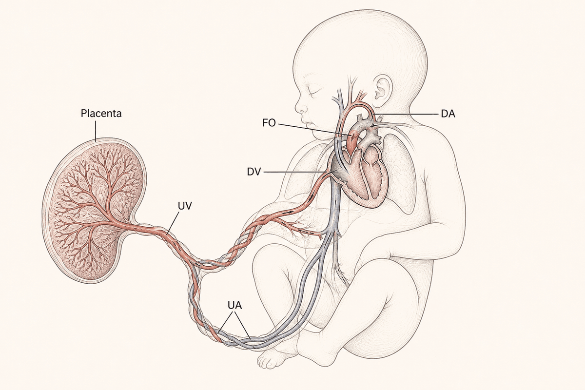 Labeled diagram of fetal circulation: placenta, umbilical vein, ductus venosus, foramen ovale, ductus arteriosus, and umbilical arteries.