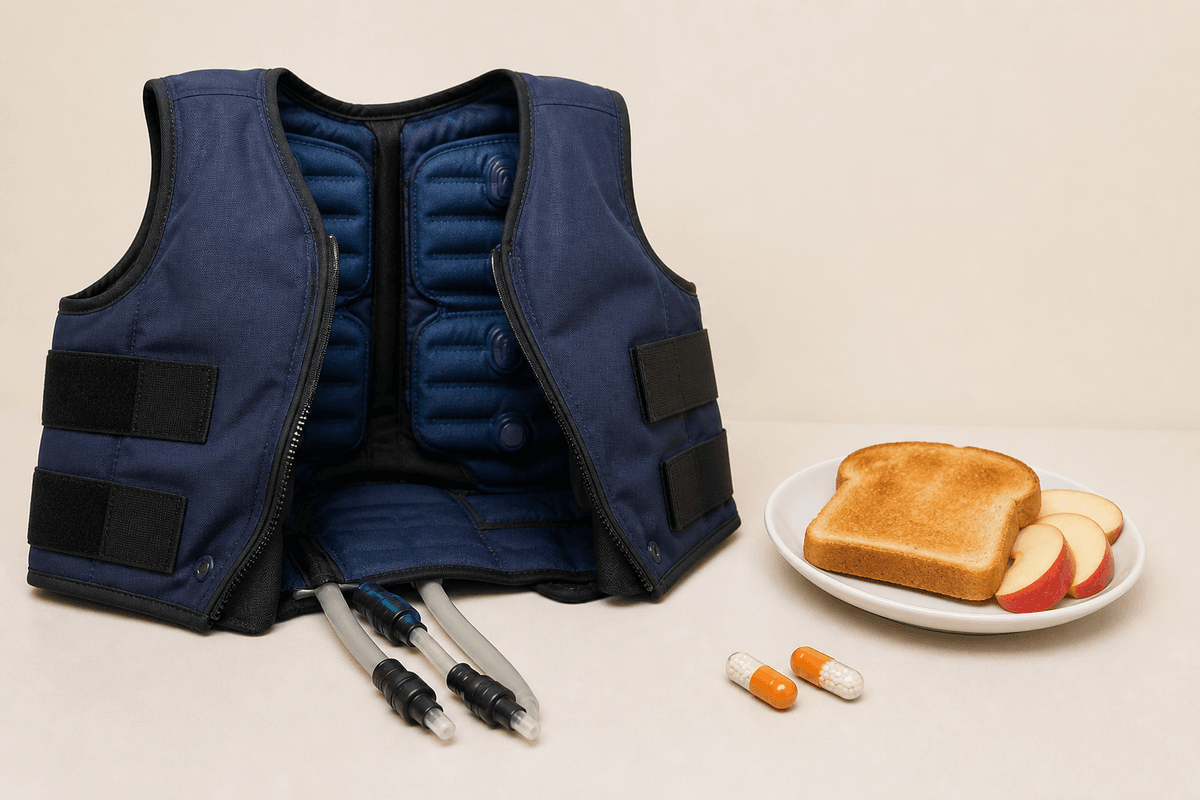 Airway-clearance vest unzipped beside pancreatic enzyme capsules next to a small meal.