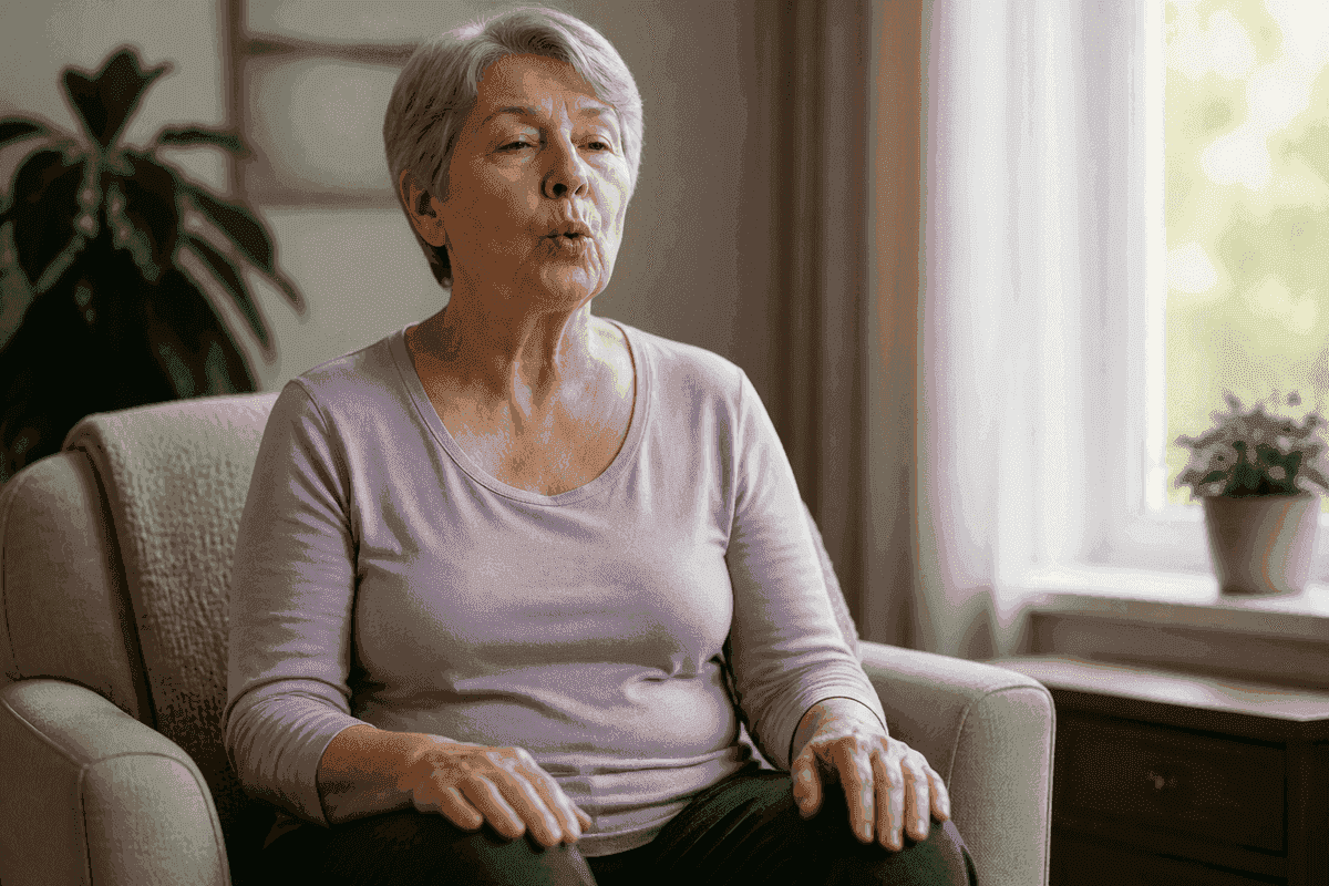 Person sitting upright practicing pursed-lip breathing with hands on knees.