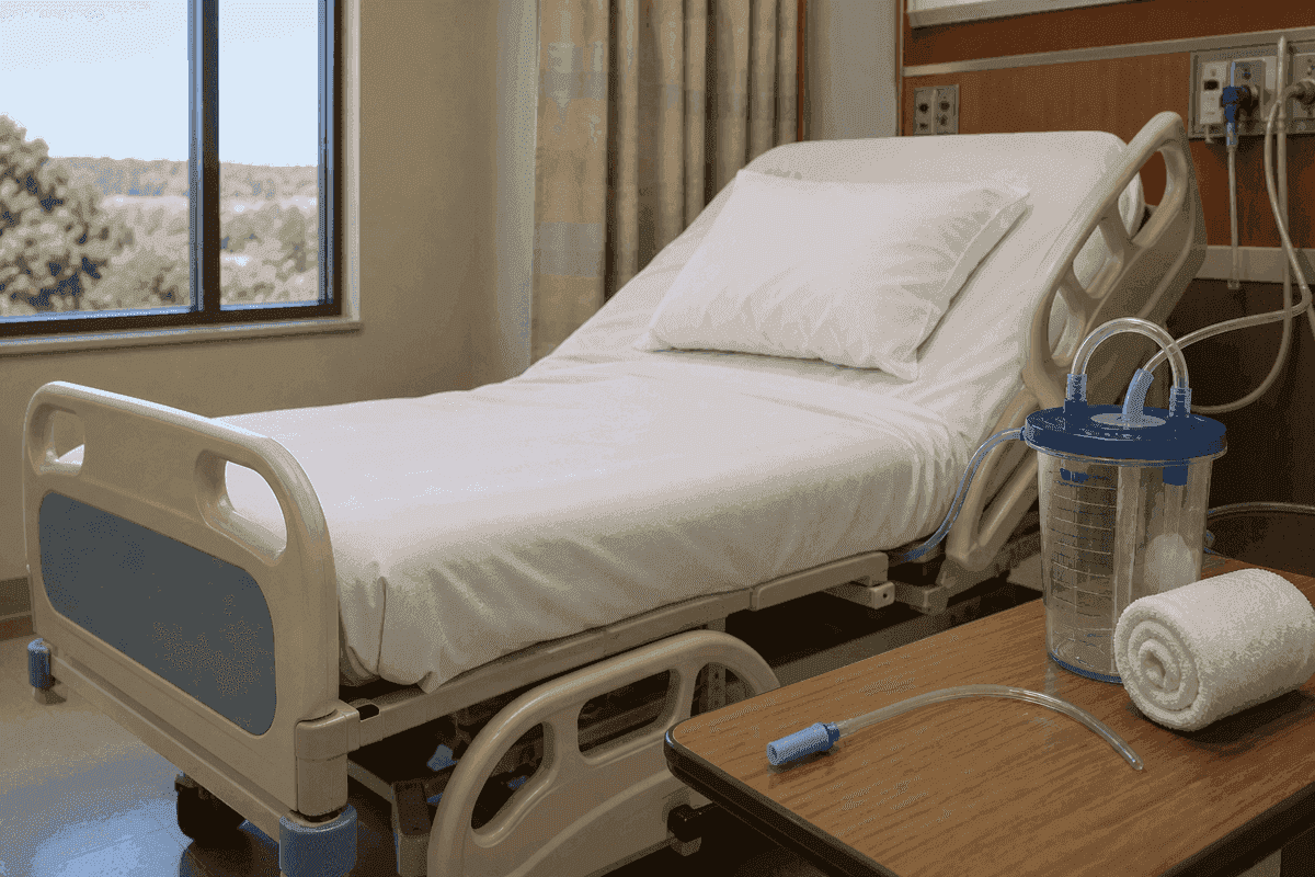 Hospital bed with head elevated and suction equipment staged on the bedside table.