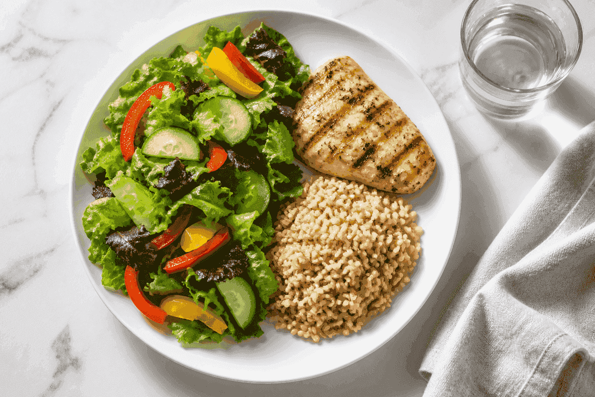 Original photo of a diabetes plate-method meal: half vegetables, one quarter protein, one quarter whole grain, water alongside.