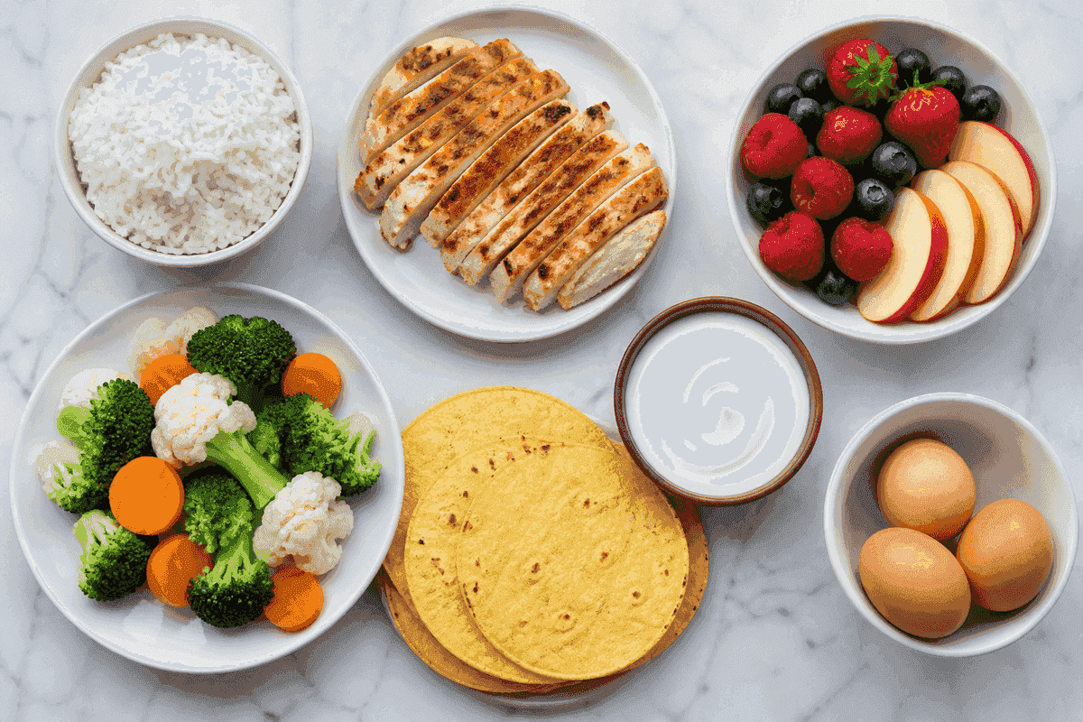 Original photo of gluten-free foods: rice, chicken, fruit, vegetables, corn tortillas, yogurt, and eggs.