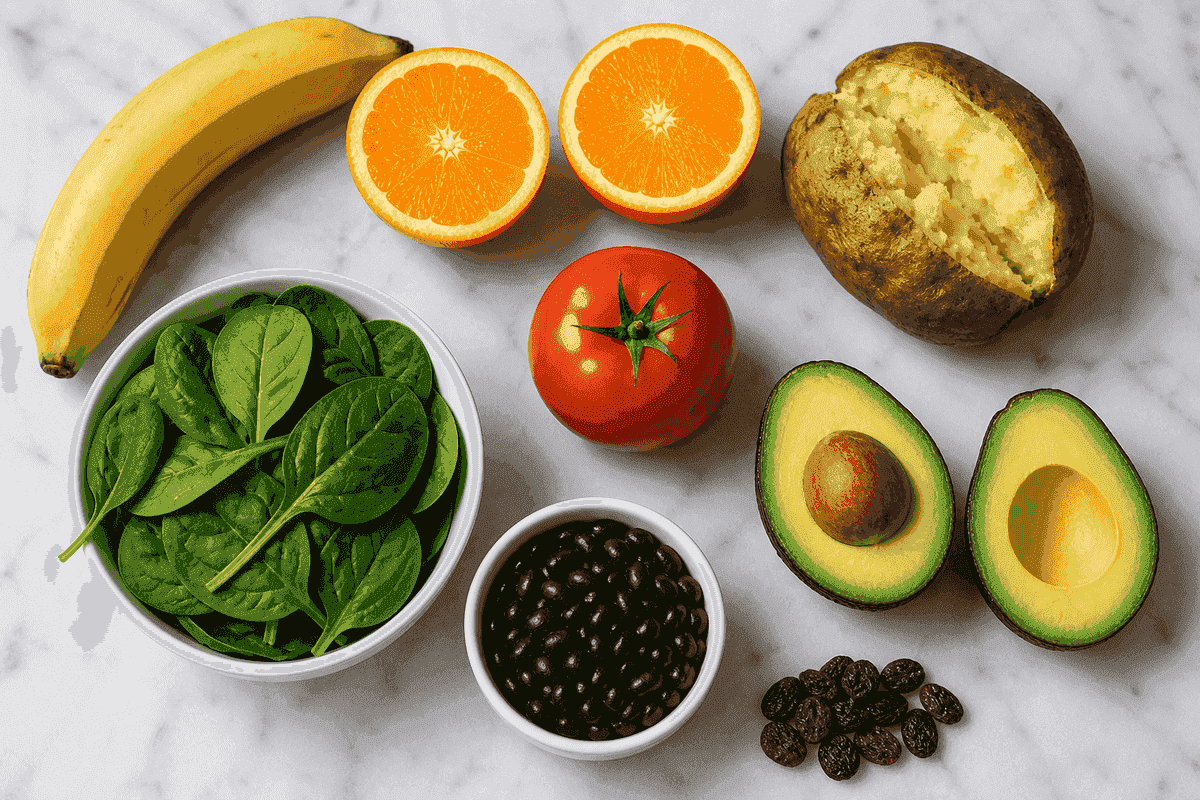 Original photo of high-potassium foods: banana, orange, potato with skin, tomato, avocado, spinach, beans, and raisins.