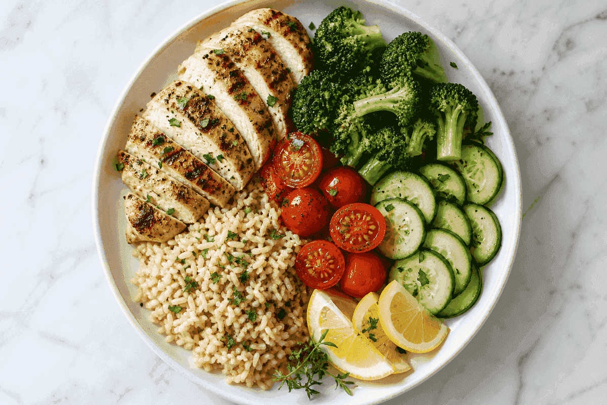 Original photo of a low-sodium style plate: grilled chicken, broccoli, cucumber, tomatoes, brown rice, lemon, and herbs.