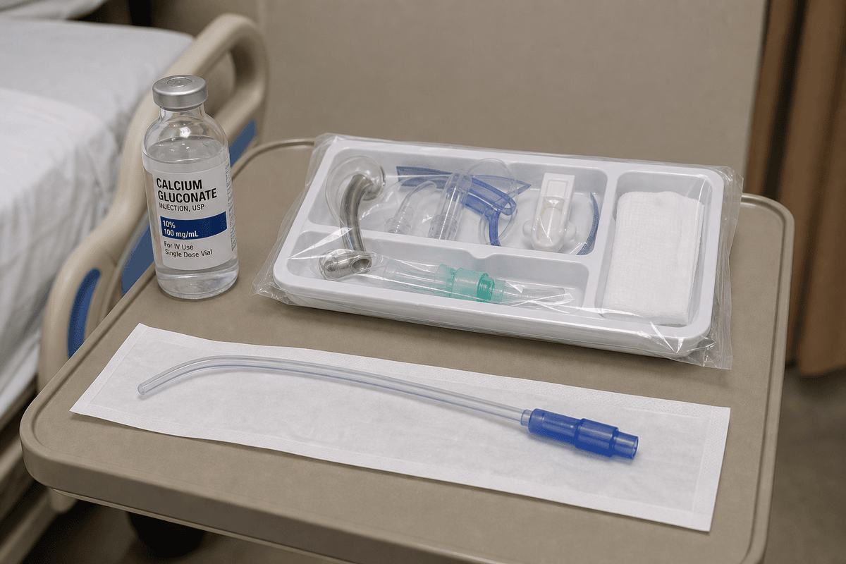 Bedside airway kit after thyroidectomy: tracheostomy tube and Yankauer suction ready.