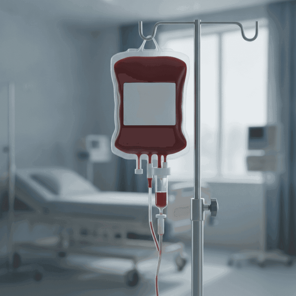 Unit of packed red blood cells in a labeled blood bag with tubing on white linen.