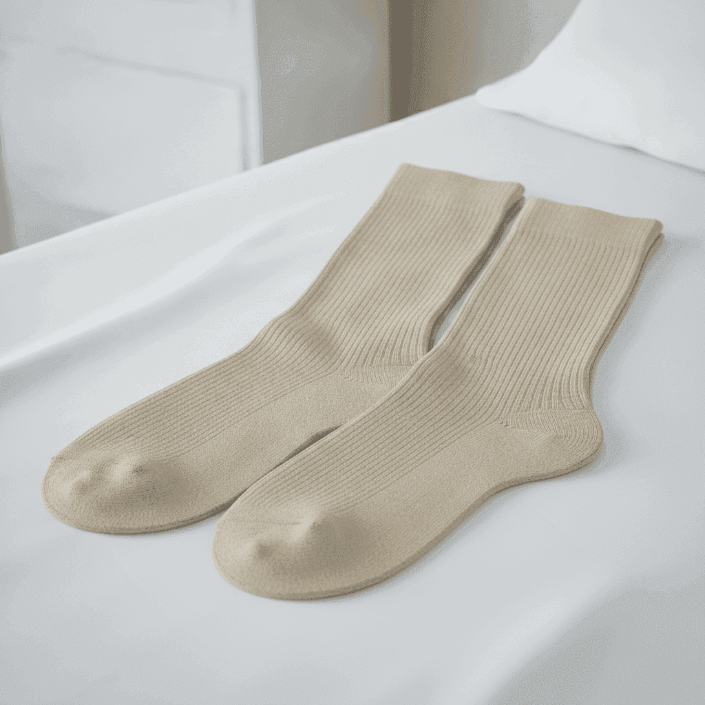 Pair of beige graduated compression stockings laid flat on white linen.